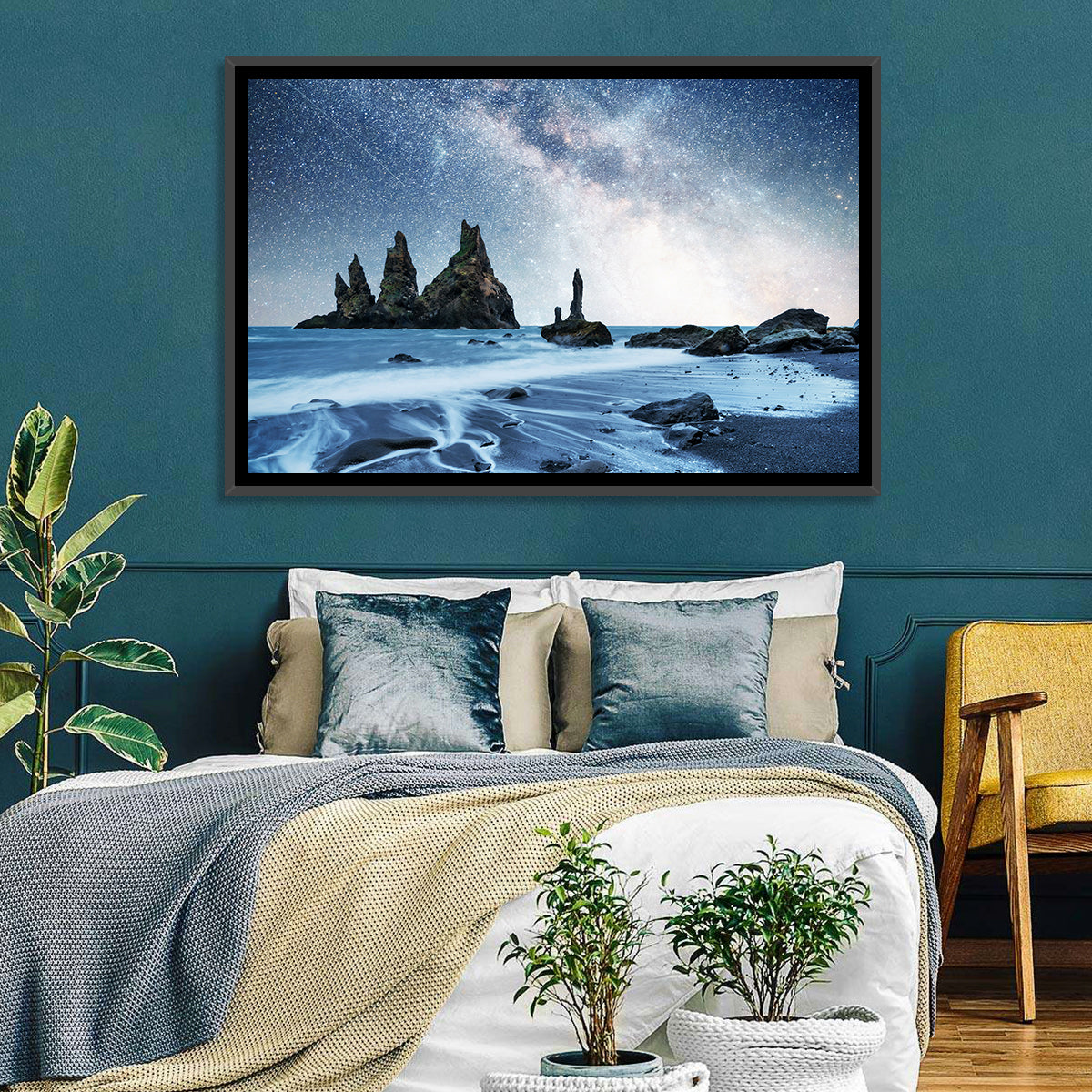 Reynisdrangar Sea Stacks Night Wall Art in a room, landscape