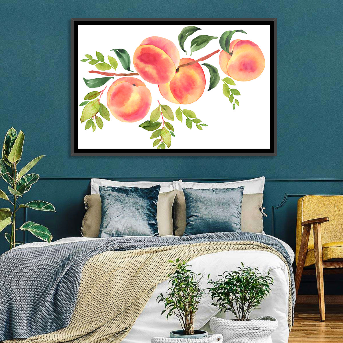 Watercolor Peach Branch Wall Art in a room, landscape