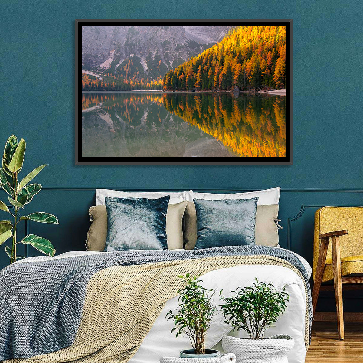 Braies Lake Golden Reflection Wall Art in a room, landscape