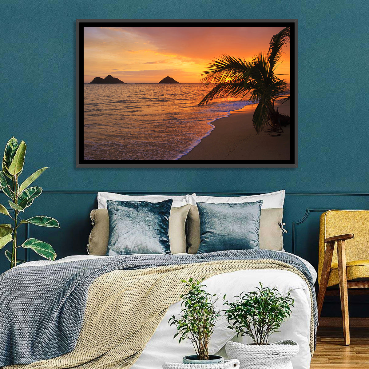 Lanikai Sunrise Over Na Mokulua Wall Art in a room, landscape
