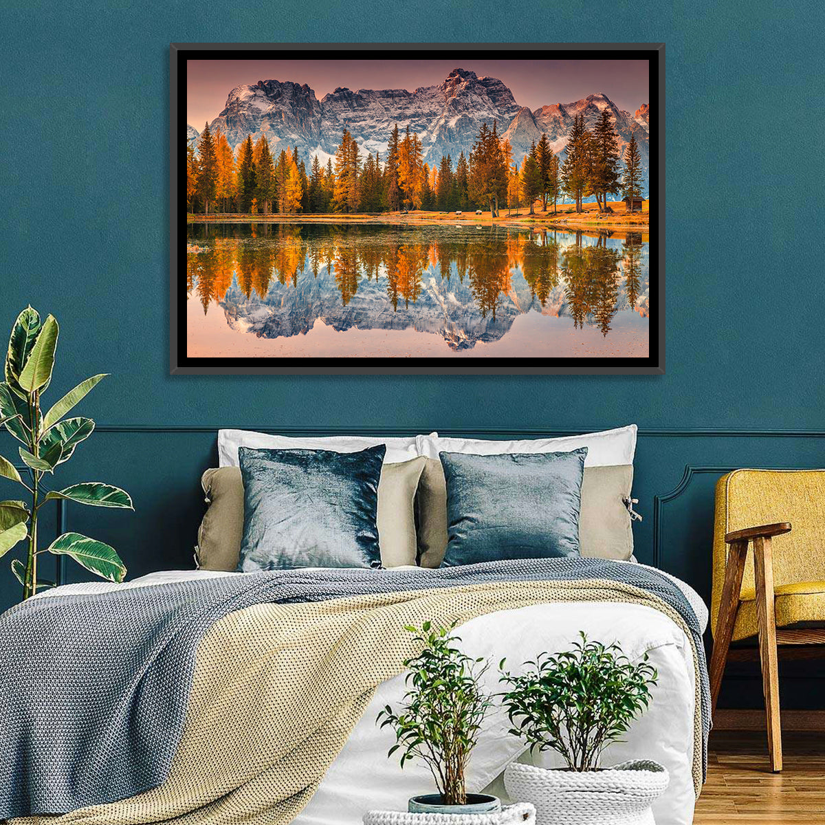 Antorno Lake Autumn Reflection Wall Art in a room, landscape