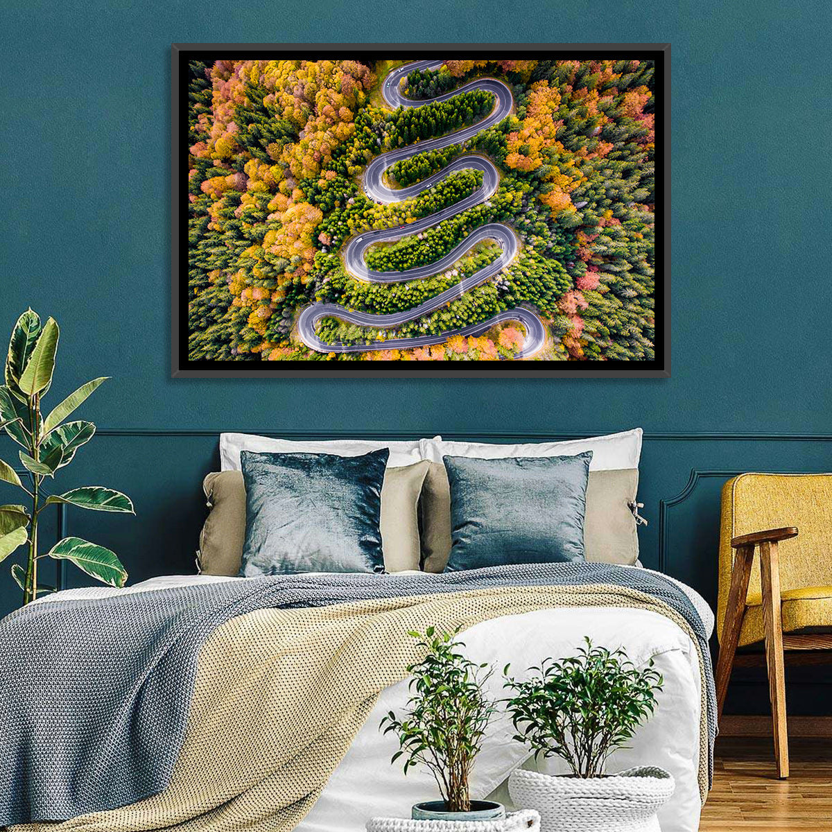 Autumn Winding Forest Road Wall Art in a room, landscape