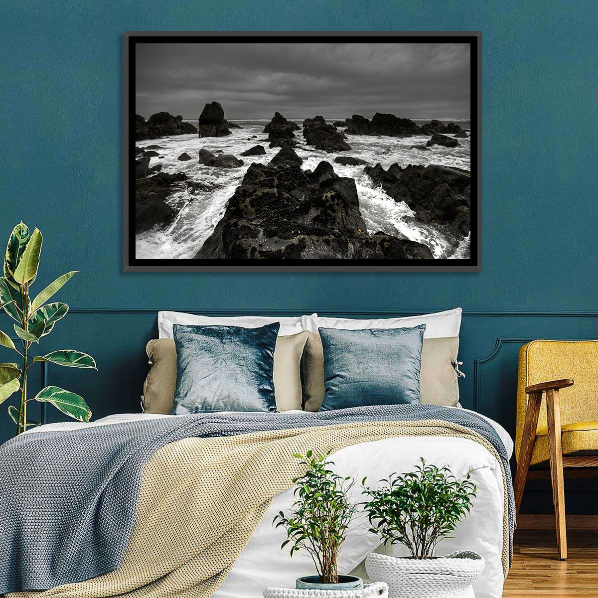 Moody Black and White Rocky Coast Waves Wall Art in a room, landscape