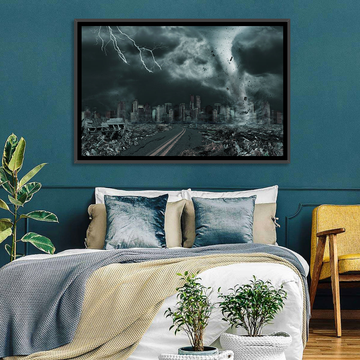 Tornado Over Destroyed City Skyline Wall Art in a room, landscape