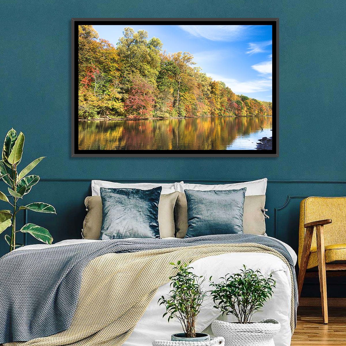 Lake Surprise Autumn Reflection Wall Art in a room, landscape