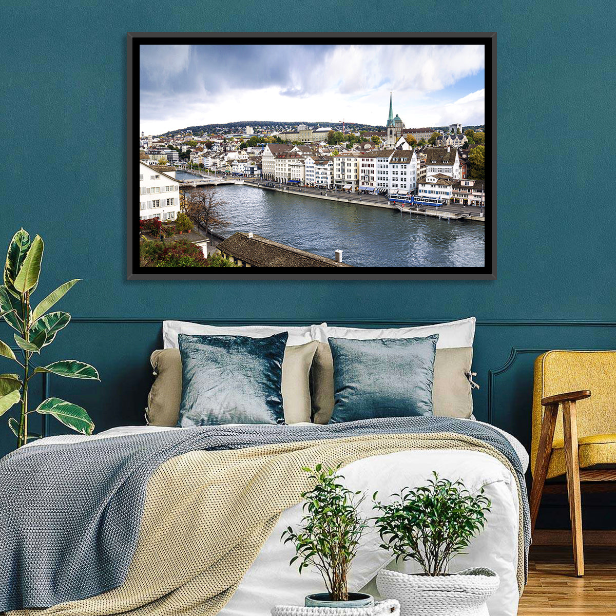 Limmat River at Fraumünster, Zurich Wall Art in a room, landscape