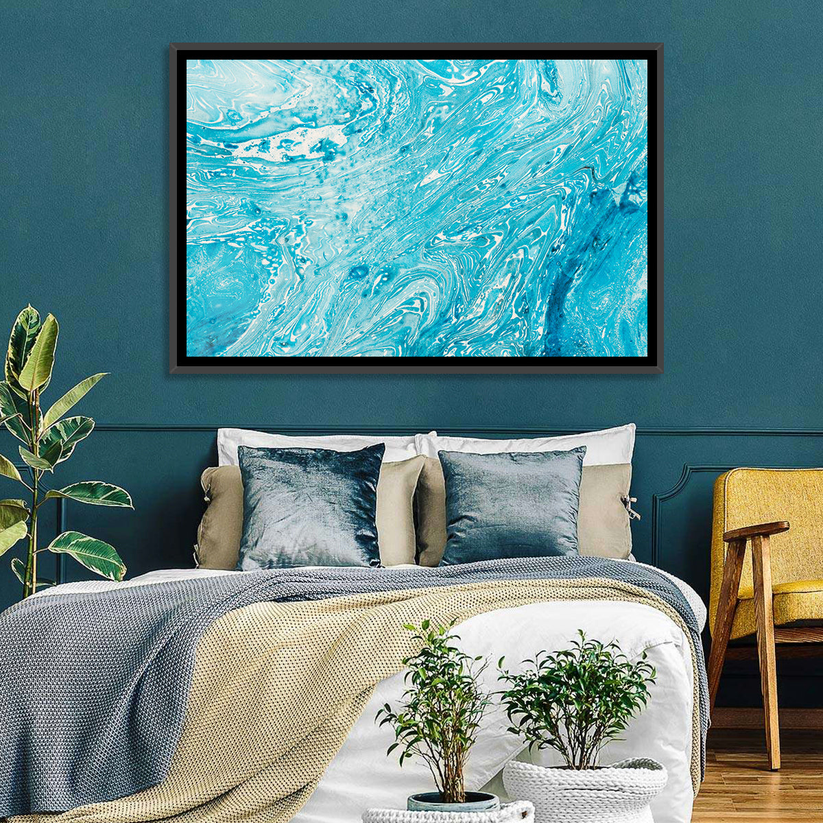 Cerulean Marbled Waves Wall Art in a room, landscape