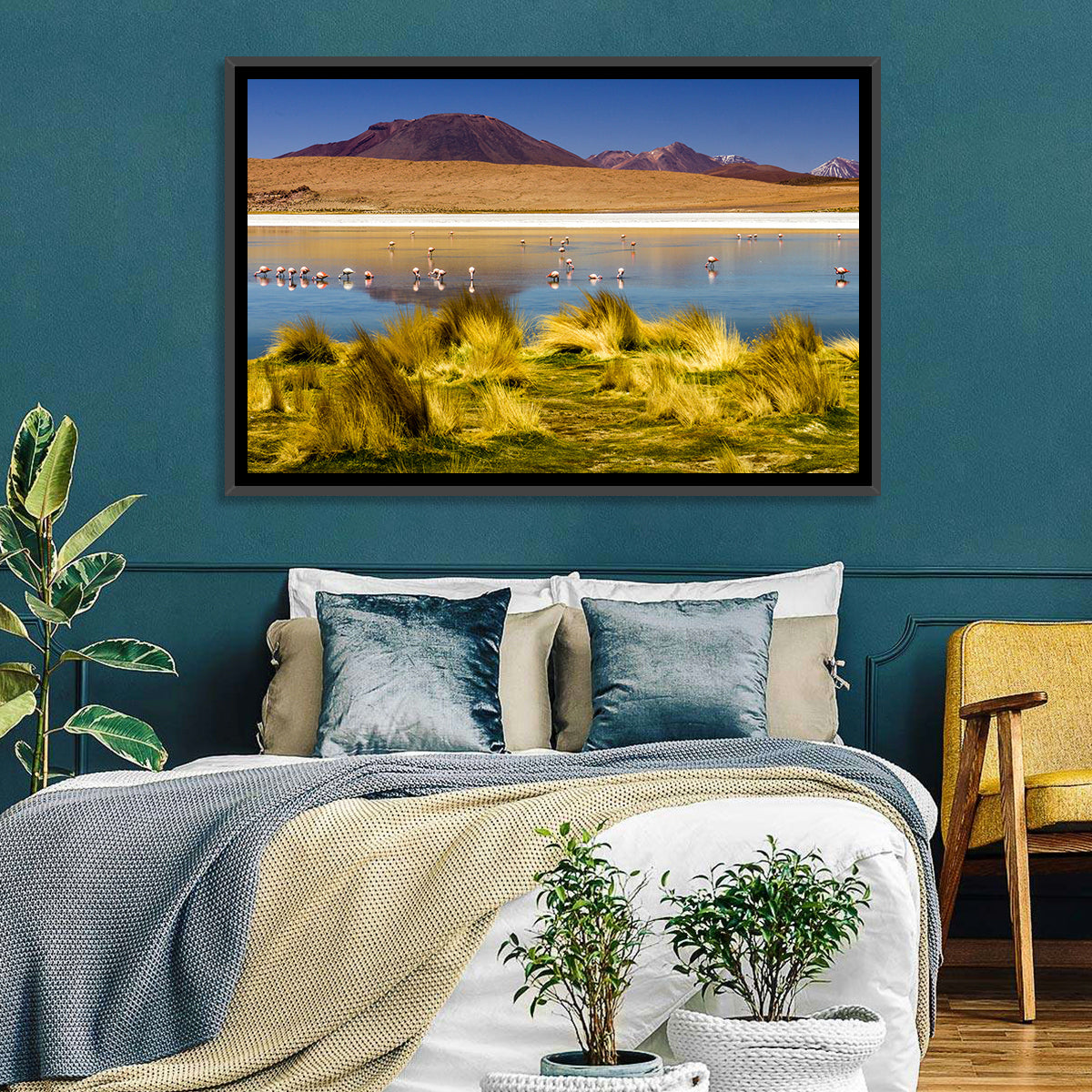 Flamingos on Salt Lake Wall Art in a room, landscape