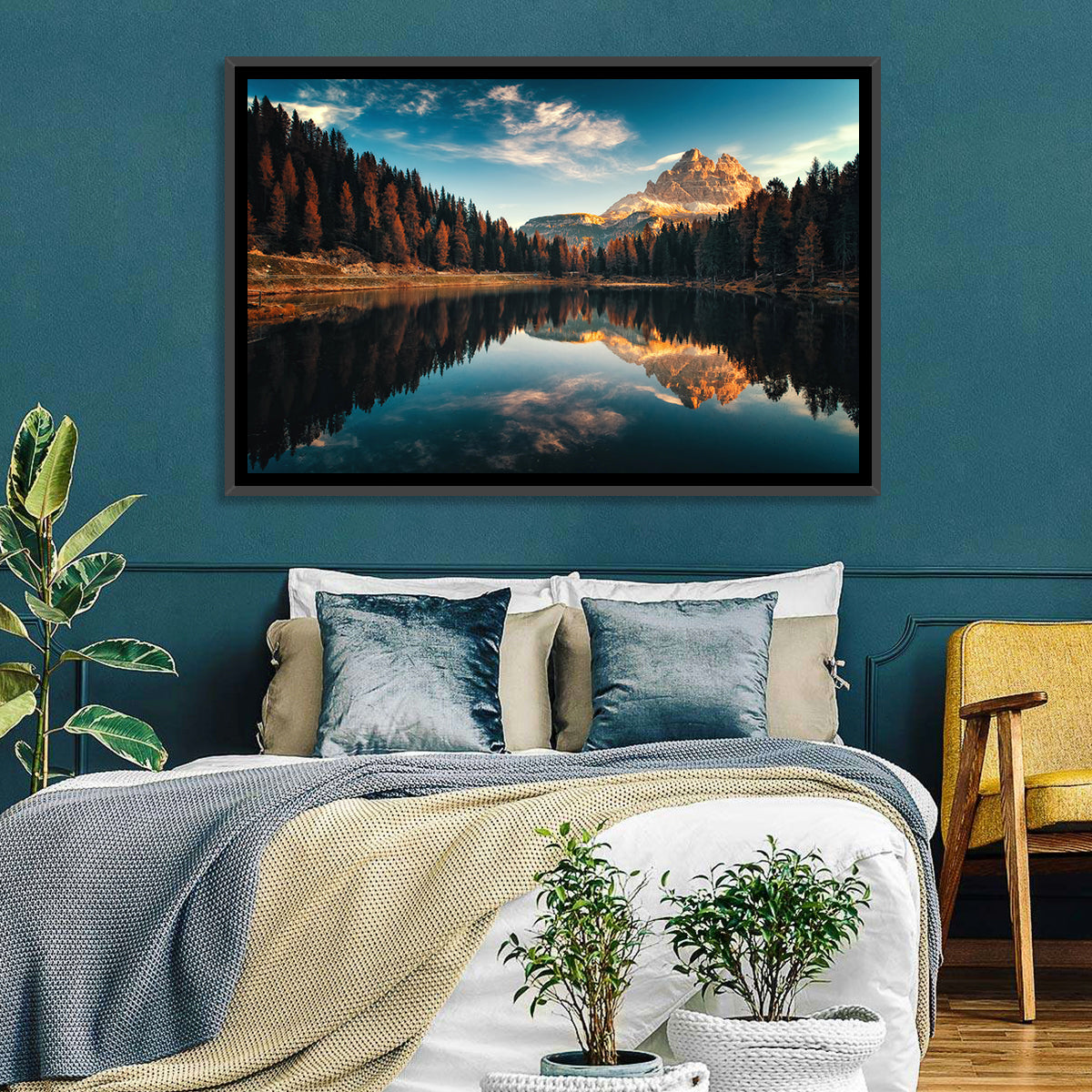 Lago Antorno Golden Hour Reflection Wall Art in a room, landscape