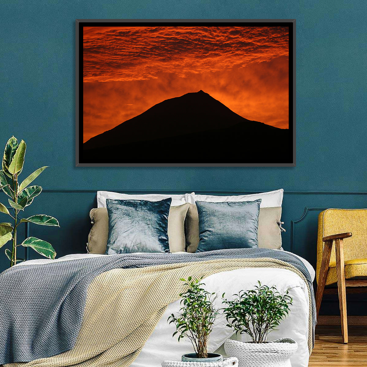 Pico Island Volcano Silhouette at Sunset Wall Art in a room, landscape