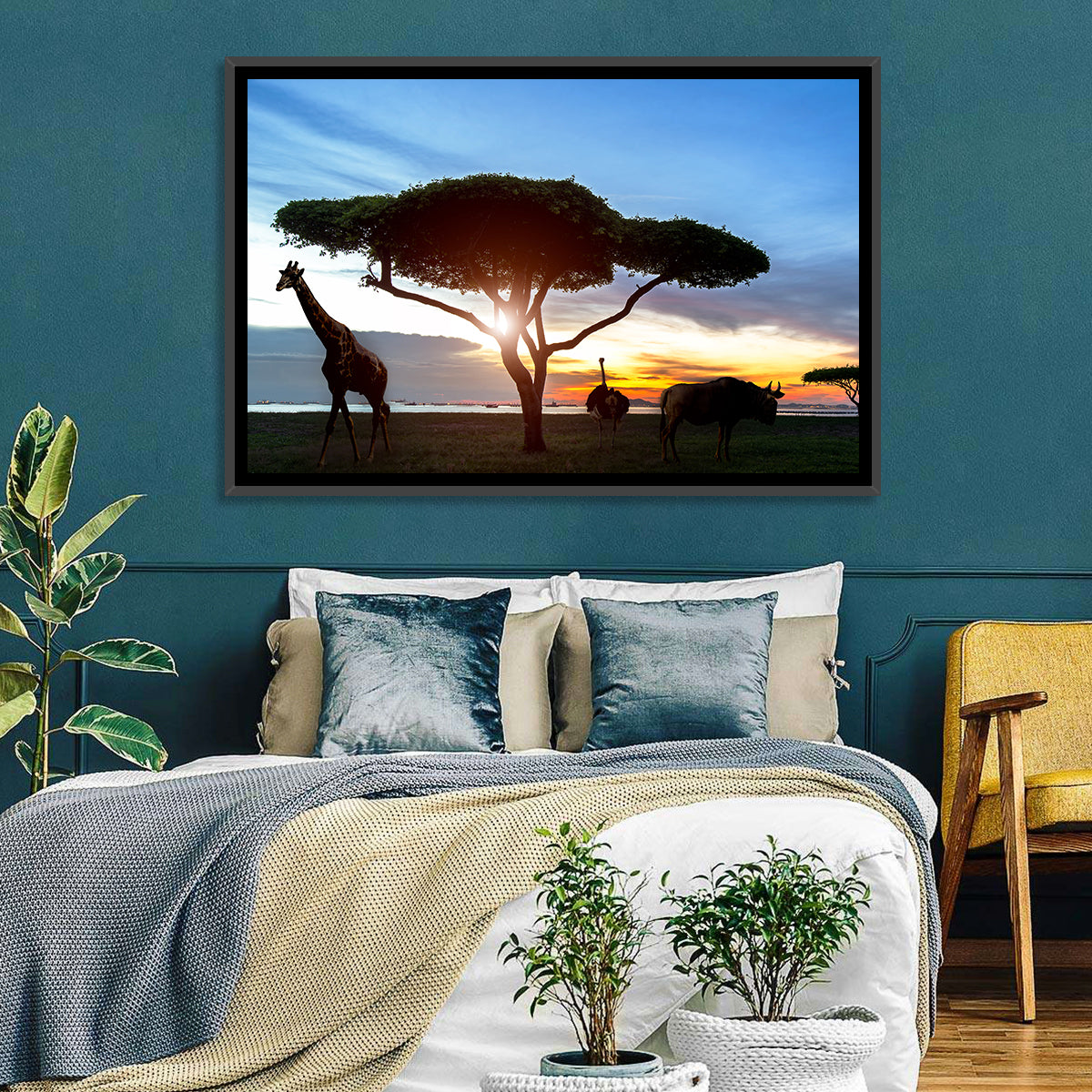 Savanna Silhouettes at Golden Hour Wall Art in a room, landscape