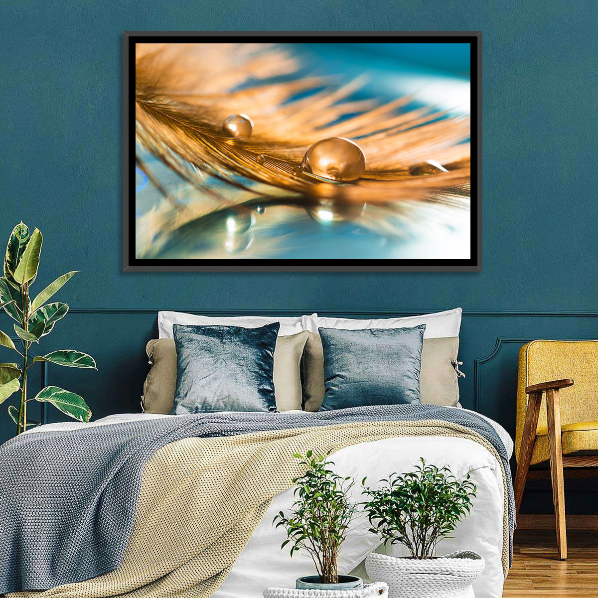 Golden Feather with Droplets Wall Art in a room, landscape