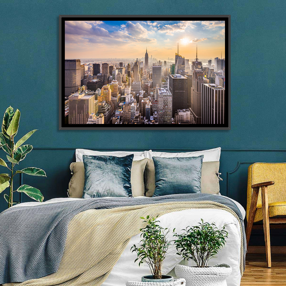 New York City Skyline at Golden Hour Wall Art in a room, landscape