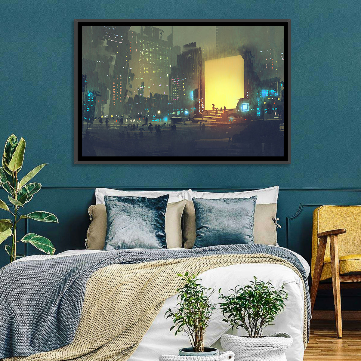 Rainy Night City with Glowing Portal Wall Art in a room, landscape