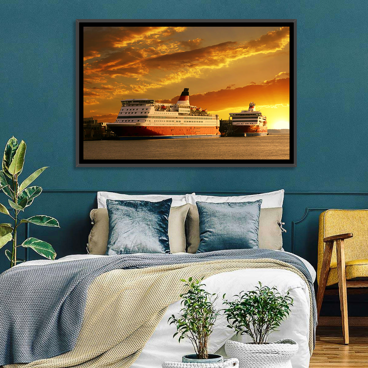 Red-hulled Cruise Ships at Dusk Wall Art in a room, landscape
