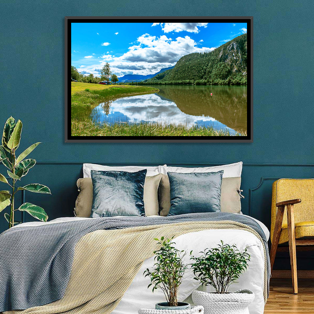 Lake Mjosa Reflection Wall Art in a room, landscape