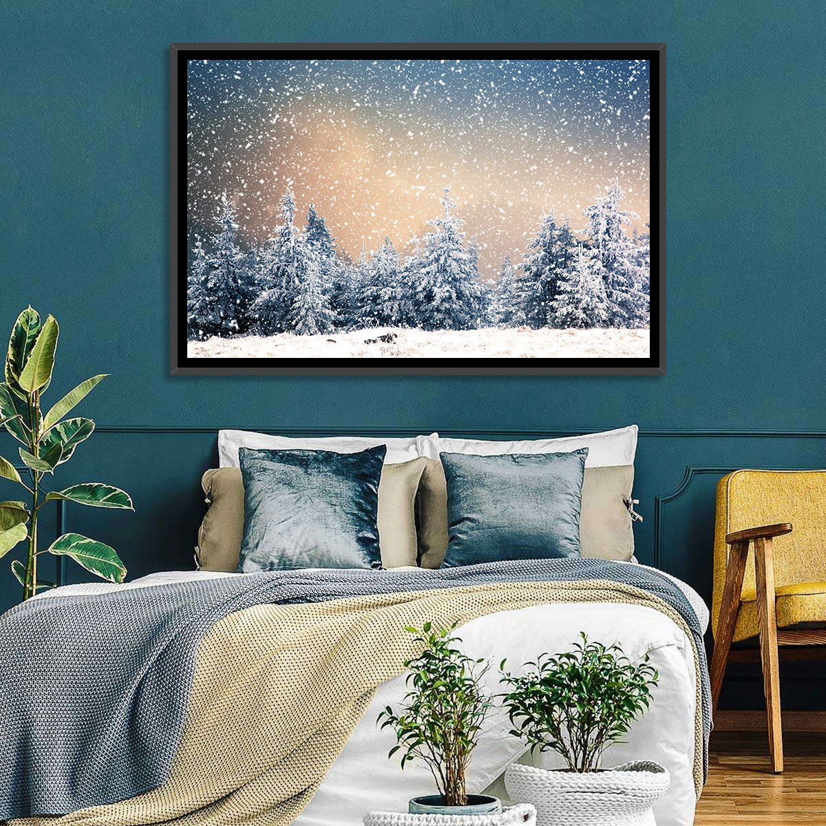 Winter Forest Wonderland Wall Art in a room, landscape