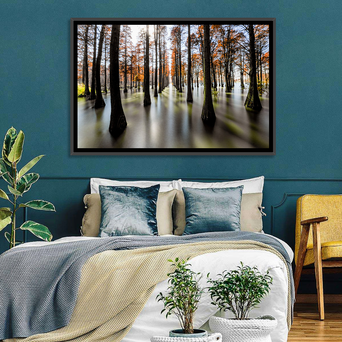 Autumn Flooded Cypress Forest Wall Art in a room, landscape