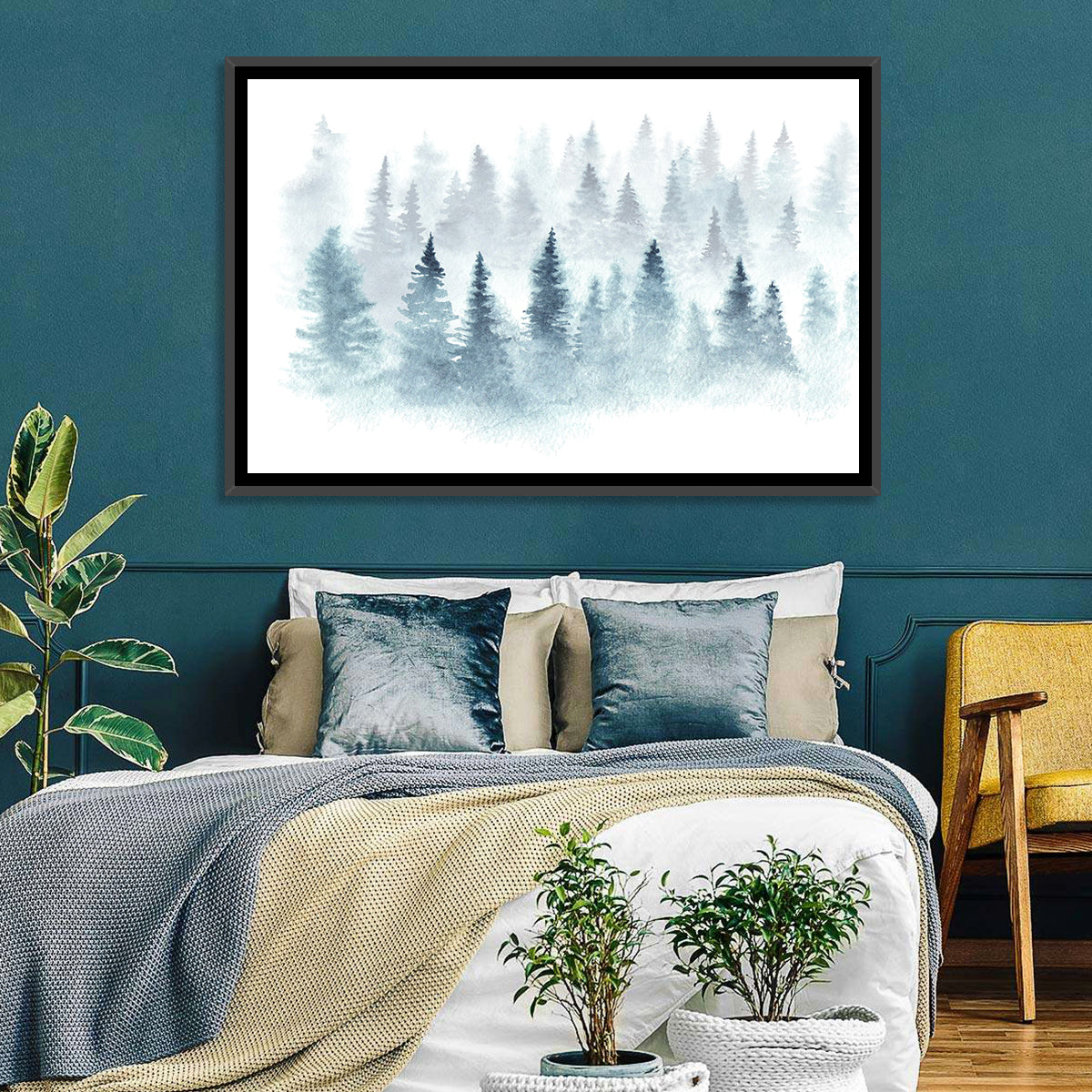 Misty Pine Forest Watercolor Wall Art in a room, landscape