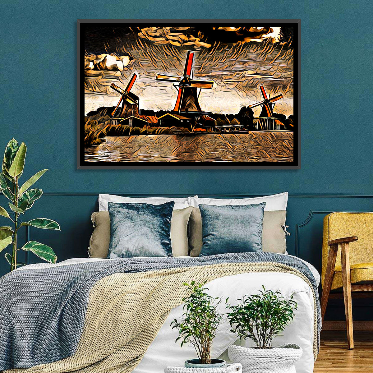 Retro Windmills at Sunset Wall Art in a room, landscape