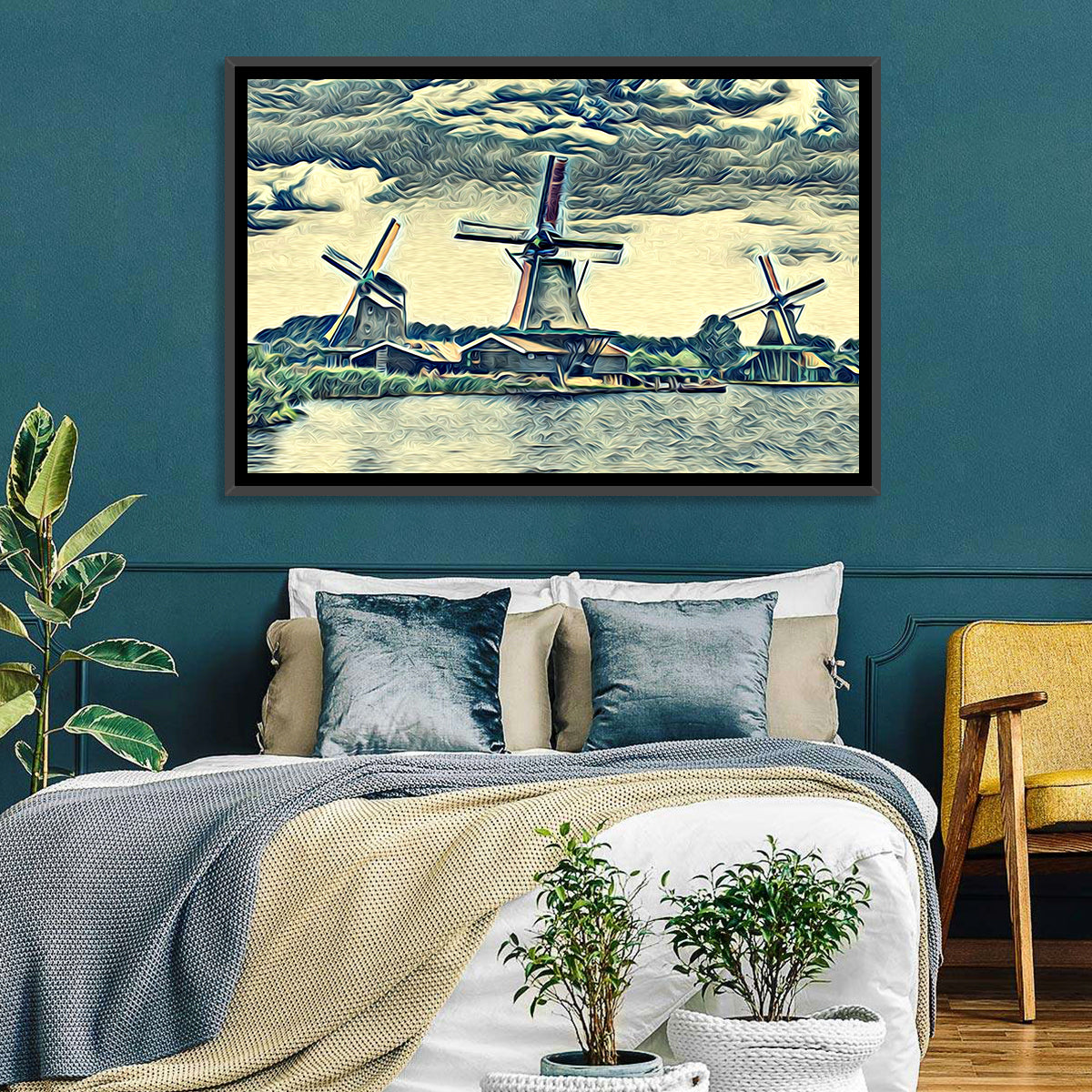 Three Vintage Windmills Wall Art in a room, landscape