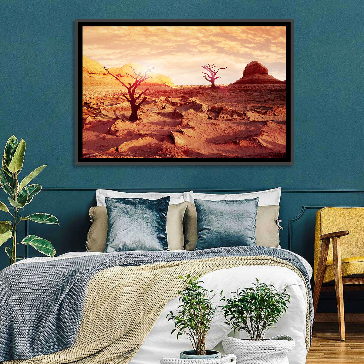 Gnarled Trees at Desert Sunset Wall Art in a room, landscape