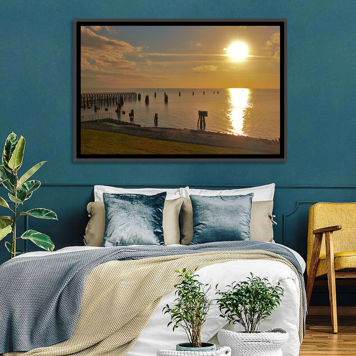 Lake Okeechobee Sunset Pier Wall Art in a room, landscape