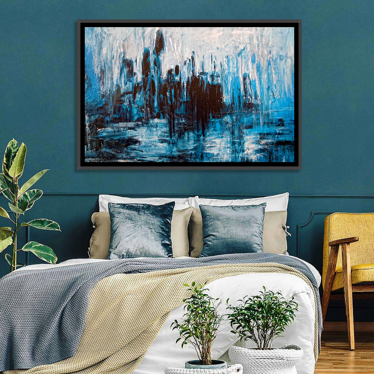 Rainy Abstract Skyline Reflection Wall Art in a room, landscape