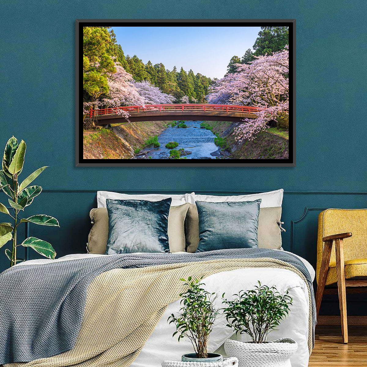 Arched Red Bridge with Cherry Blossoms Wall Art