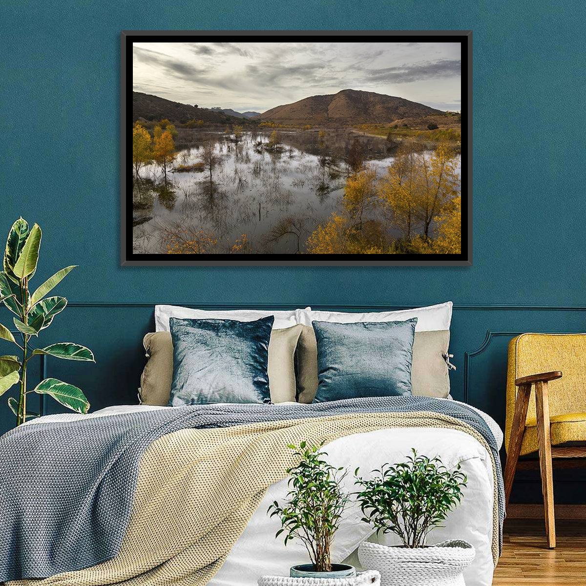 Lake Hodges Autumn Reflection Wall Art in a room, landscape
