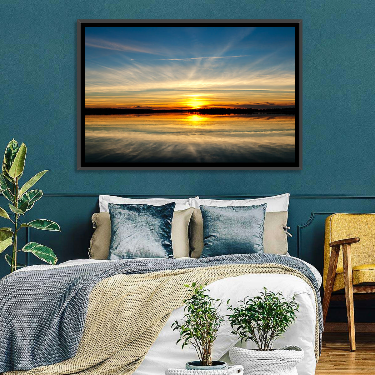Oklahoma Lake Sunset Reflection Wall Art in a room, landscape