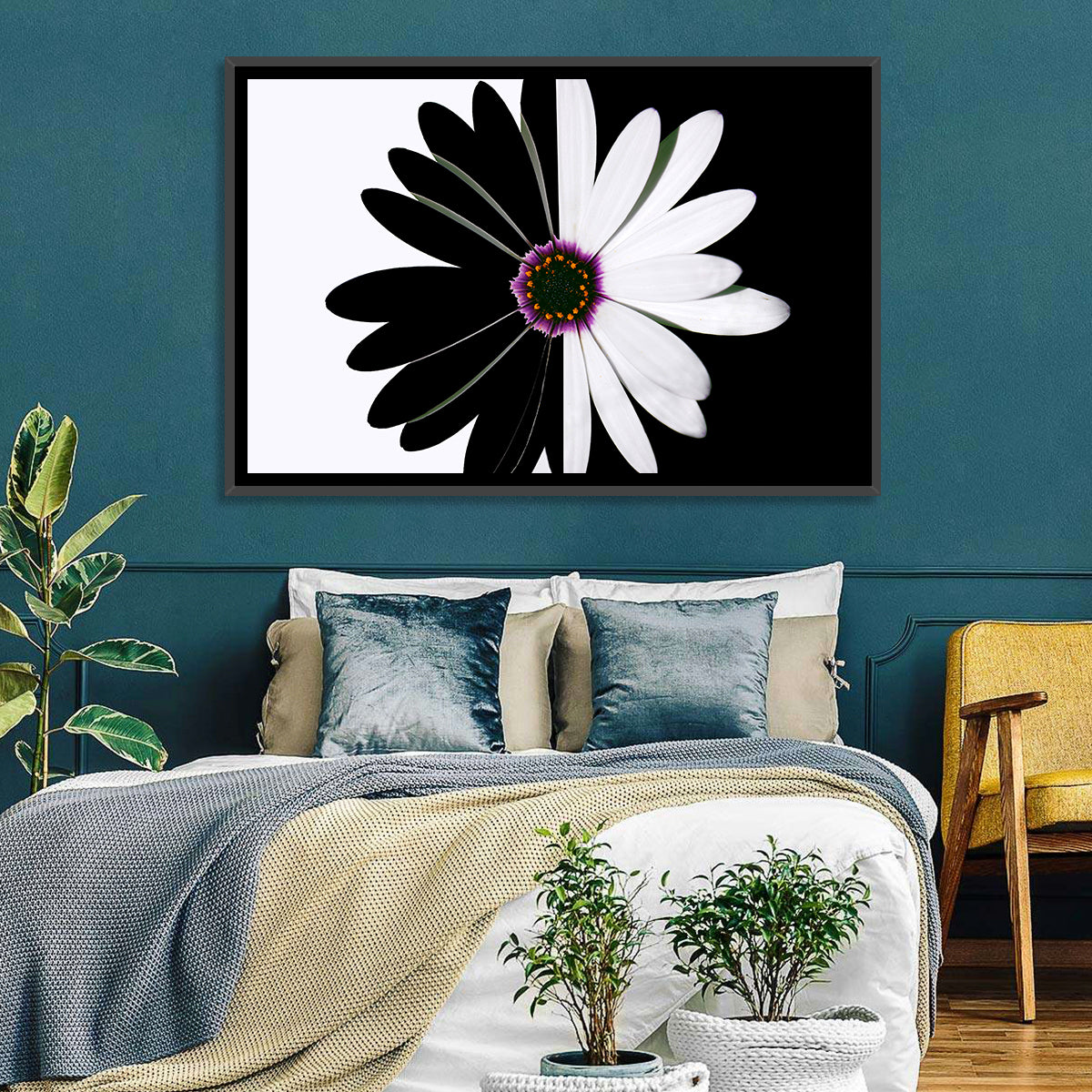 Black and White Daisy with Purple Ring Wall Art in a room, landscape