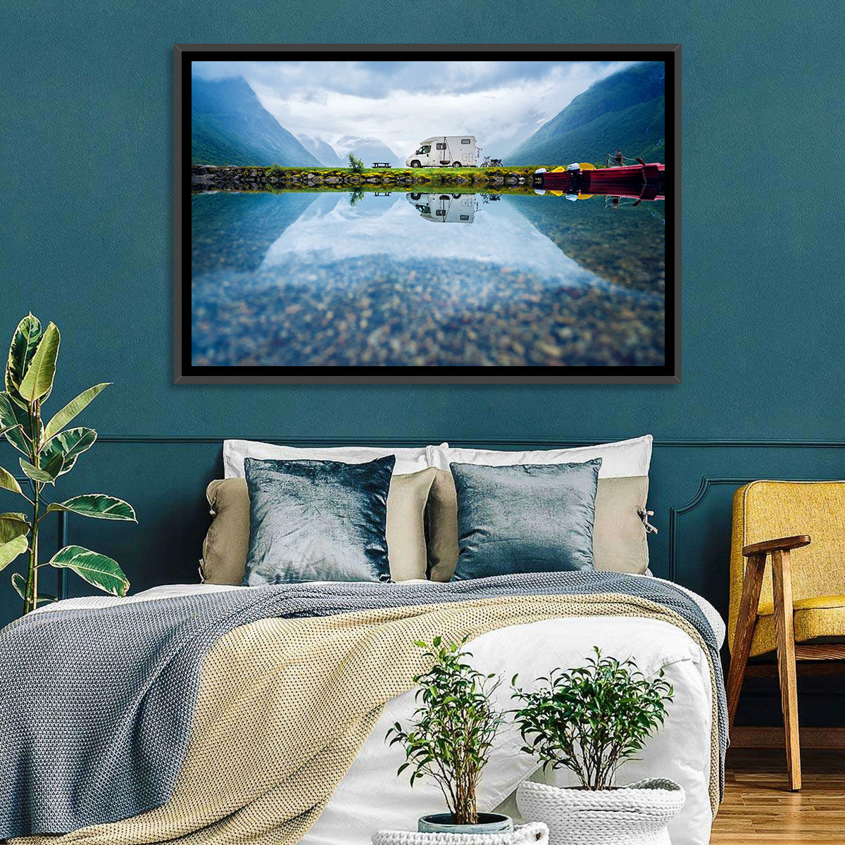 Motorhome by Mountain Lake Wall Art in a room, landscape