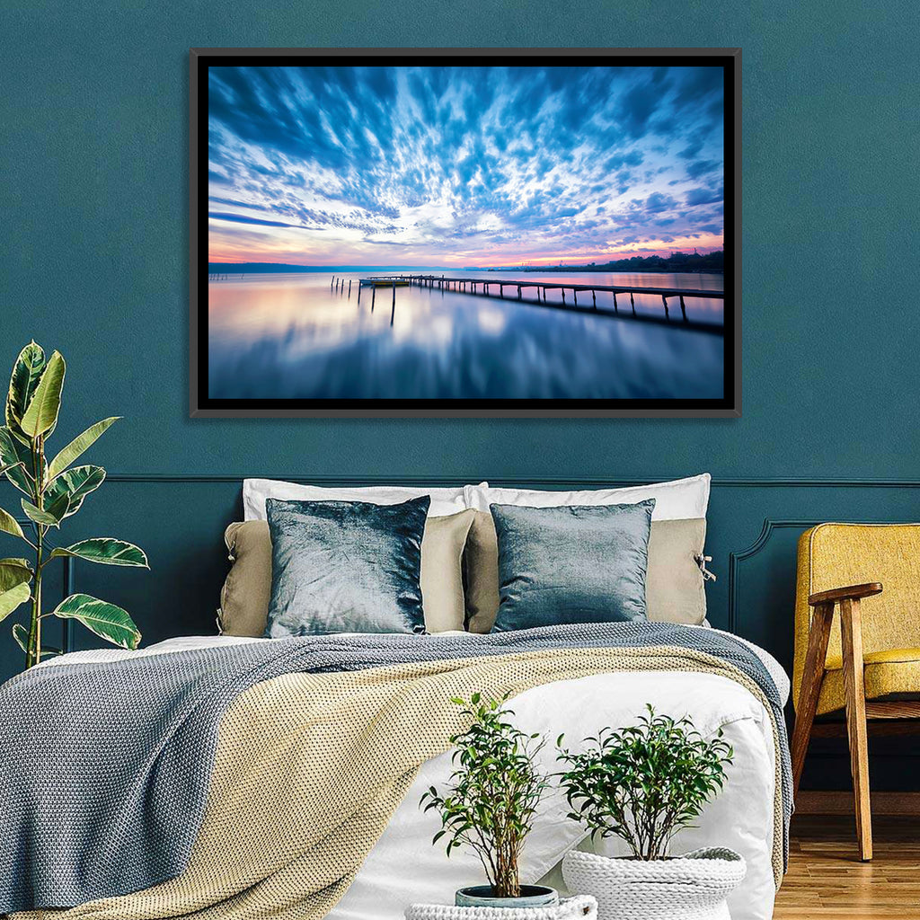 Cloudy Lake Pier at Dusk Wall Art