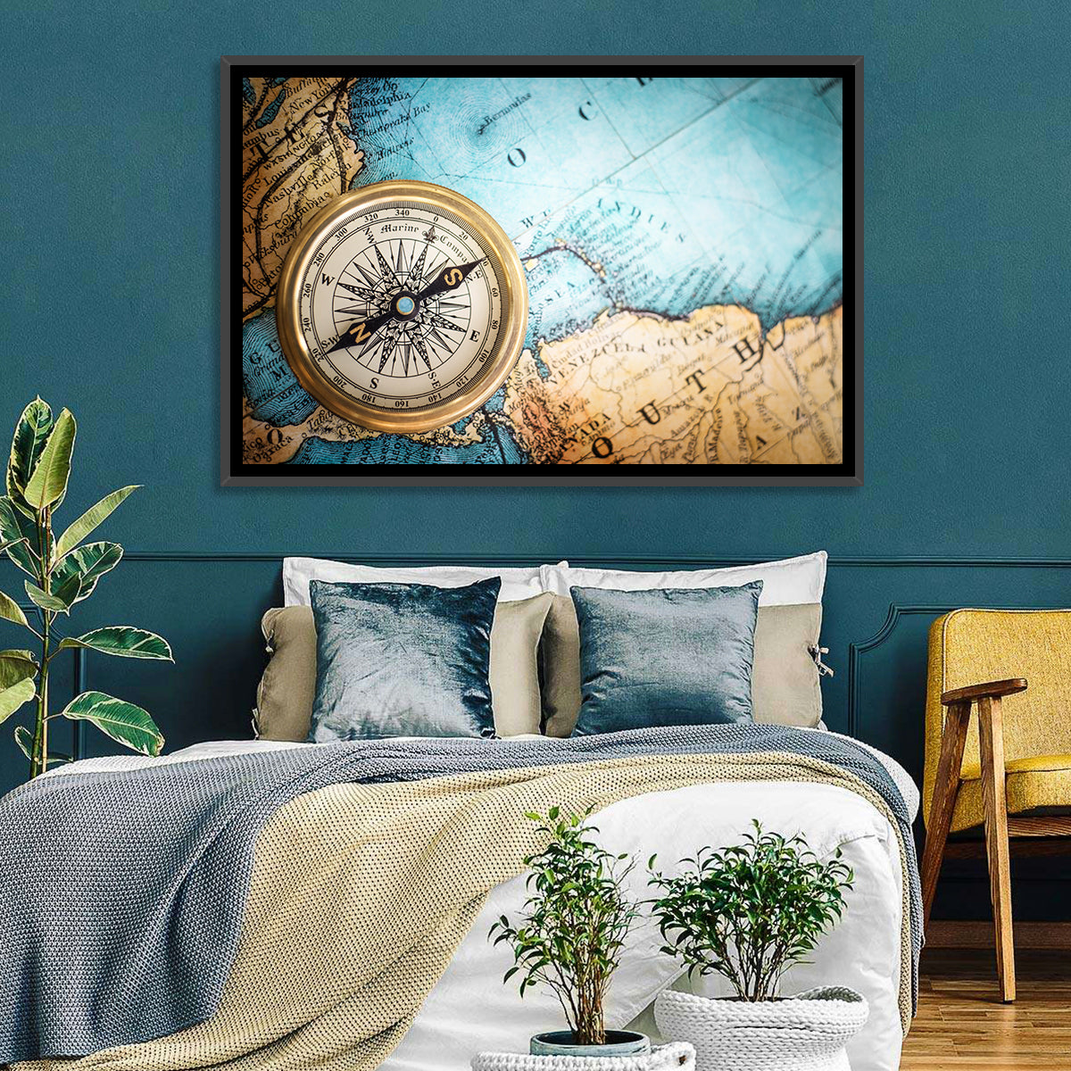 Vintage Compass Over Atlantic Map Wall Art in a room, landscape