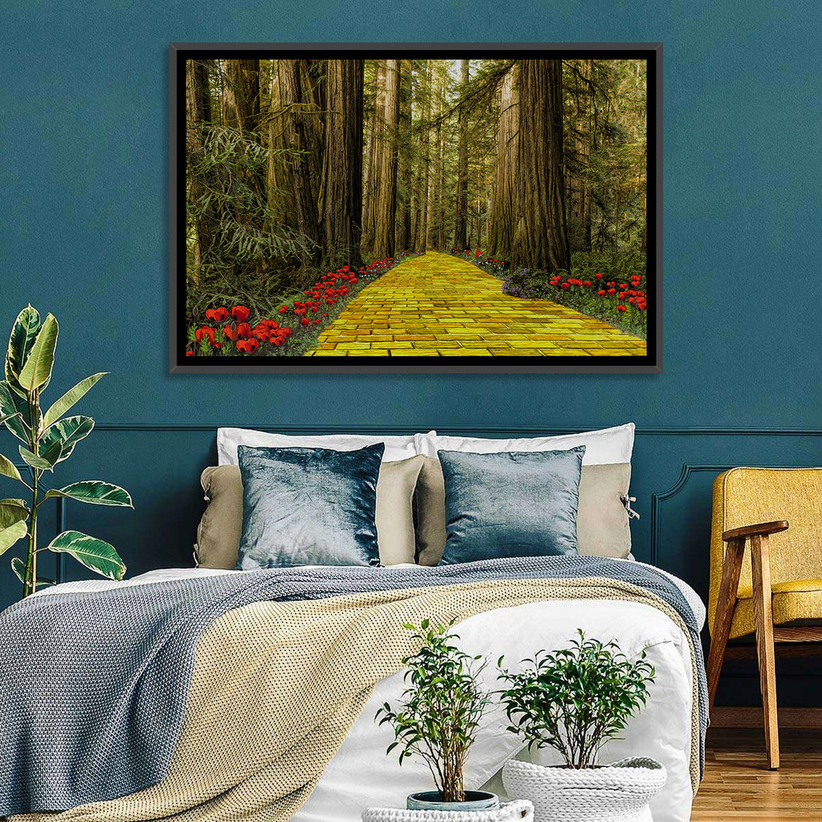 Yellow Brick Path Through Redwoods Wall Art in a room, landscape