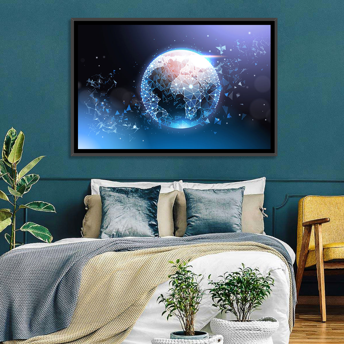 Wireframe Globe Network Wall Art in a room, landscape