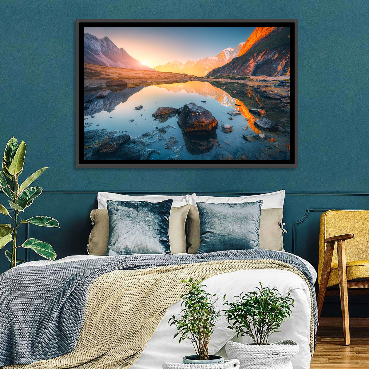 Himalayan Lake Reflections Wall Art in a room, landscape