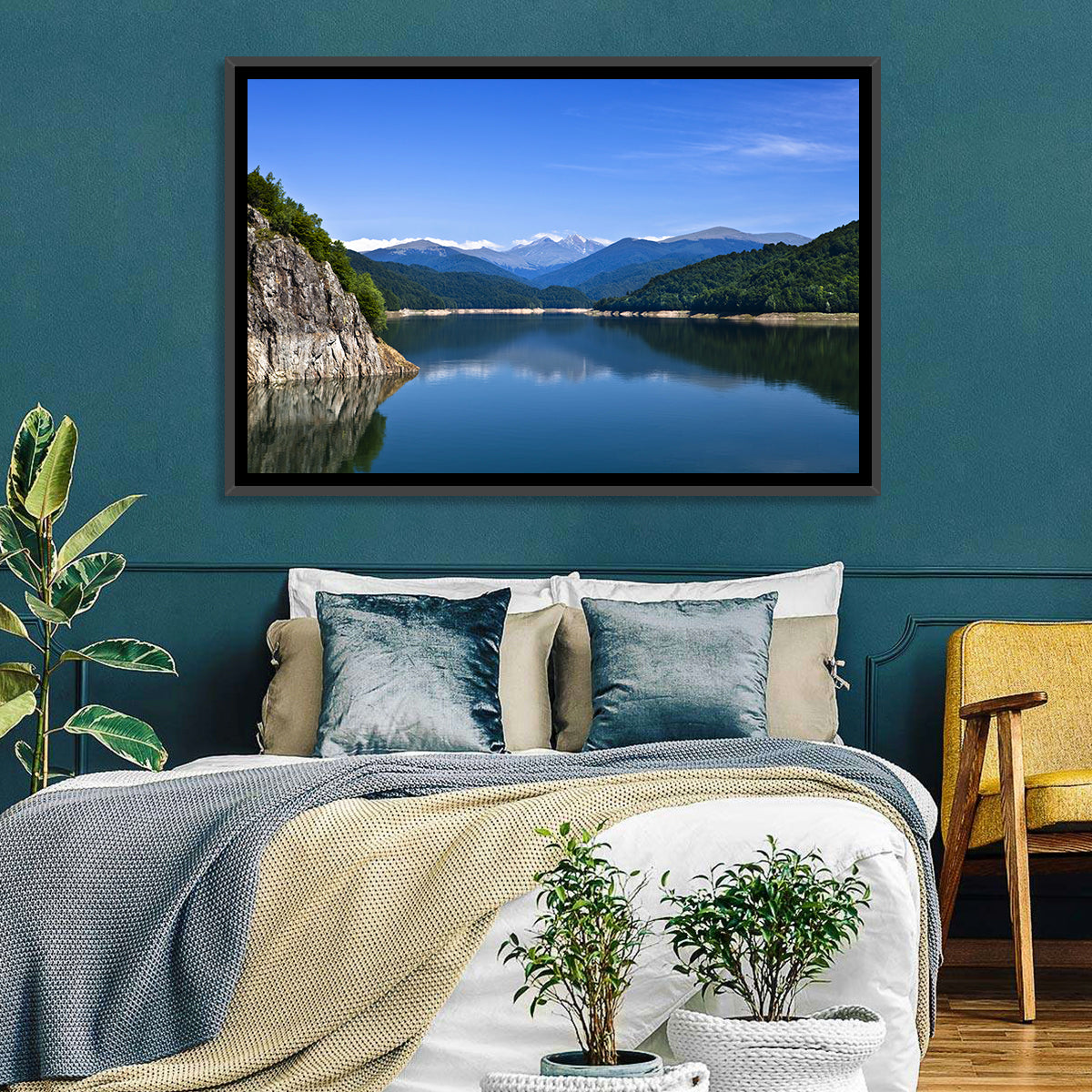 Cliffside Mountain Lake Reflection Wall Art in a room, landscape