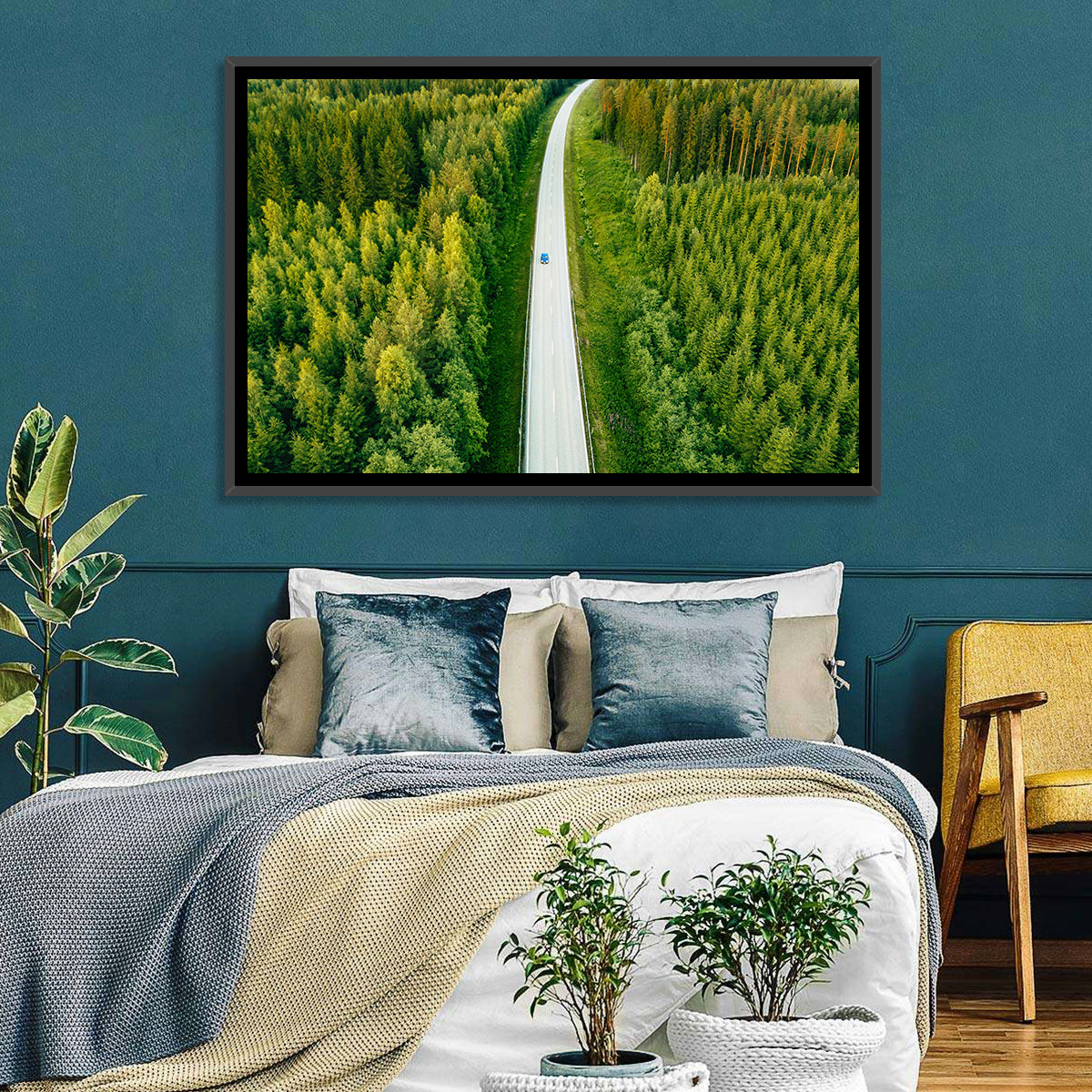 Blue Car on Forest Road Wall Art in a room, landscape