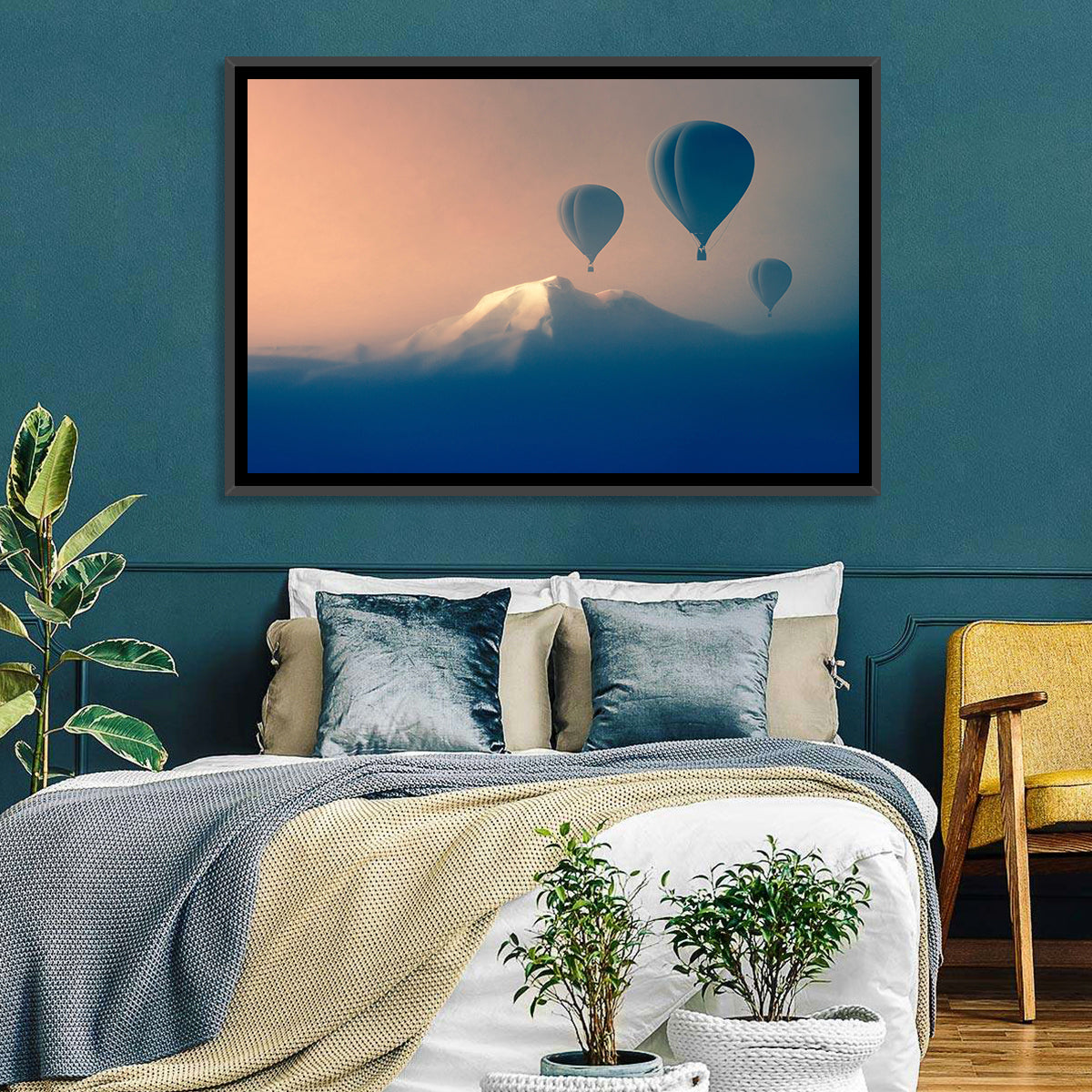 Three Hot Air Balloons Over Misty Peak Wall Art