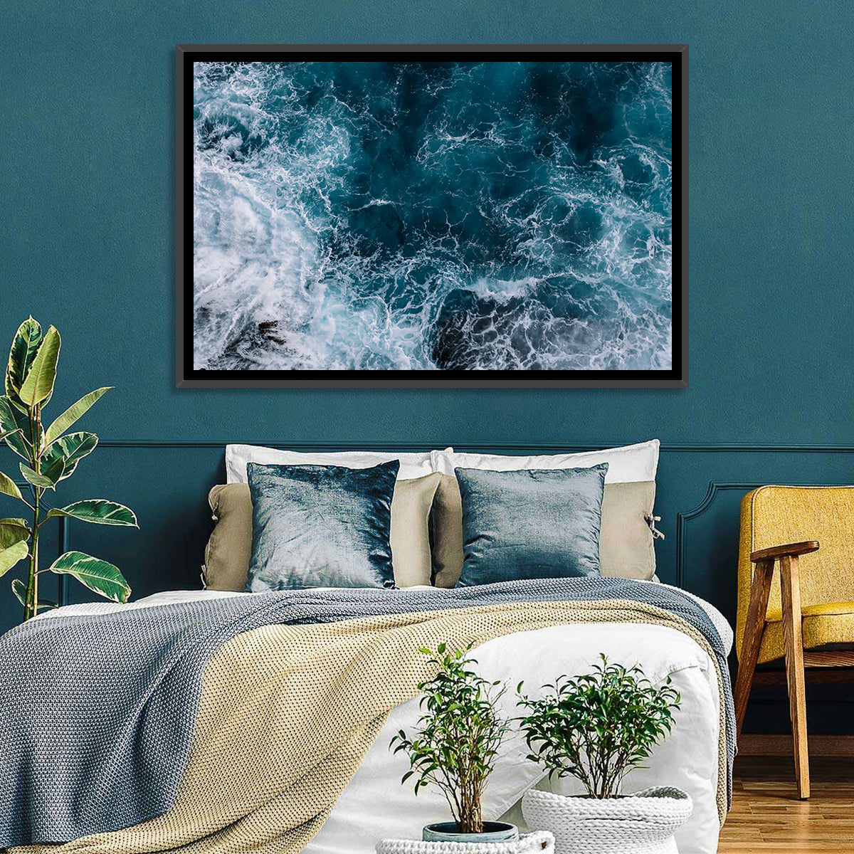 Aerial Swirling Ocean Waves Wall Art in a room, landscape