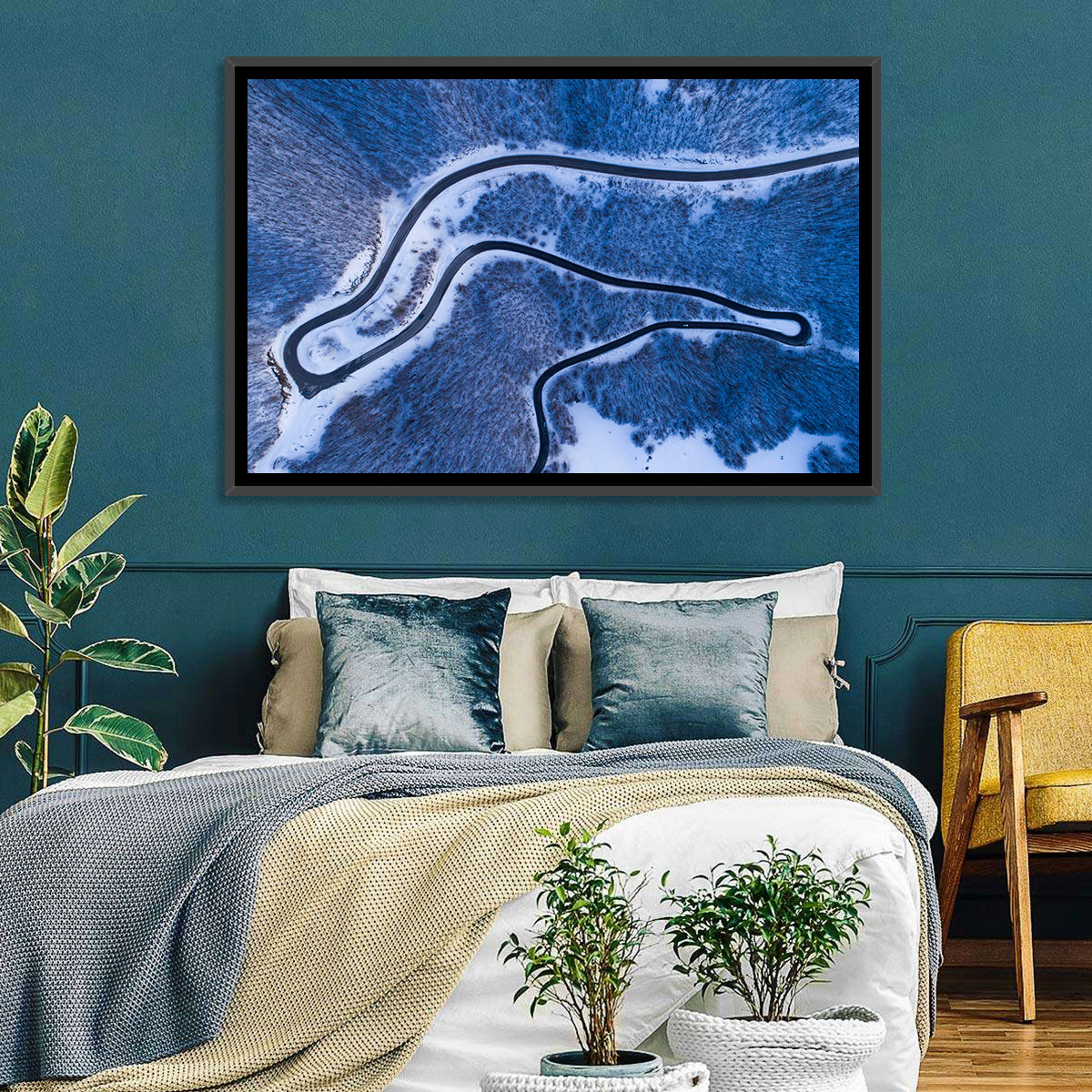 Montenegro Snowy Mountain Road Wall Art in a room, landscape