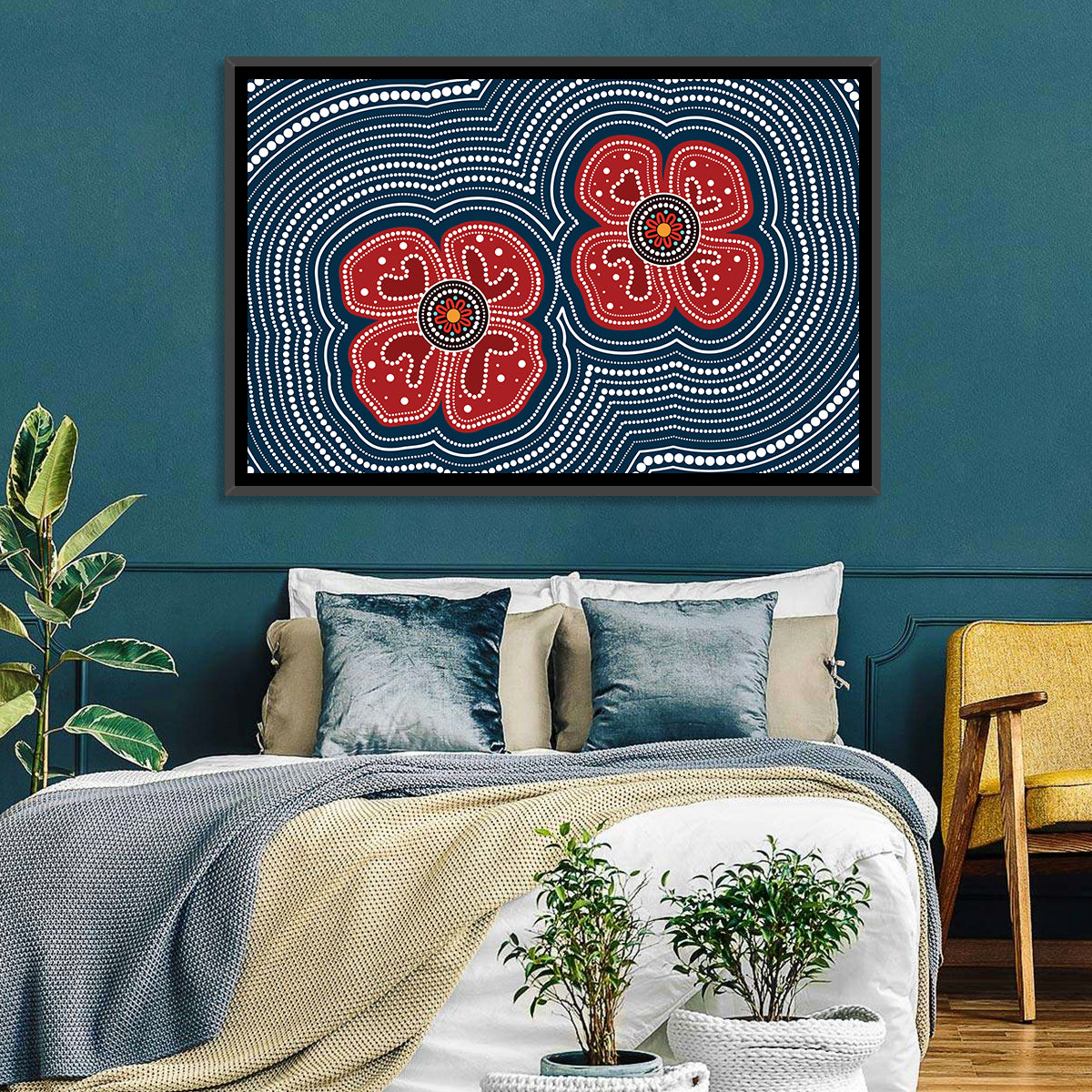 Aboriginal Poppy Duo Wall Art in a room, landscape