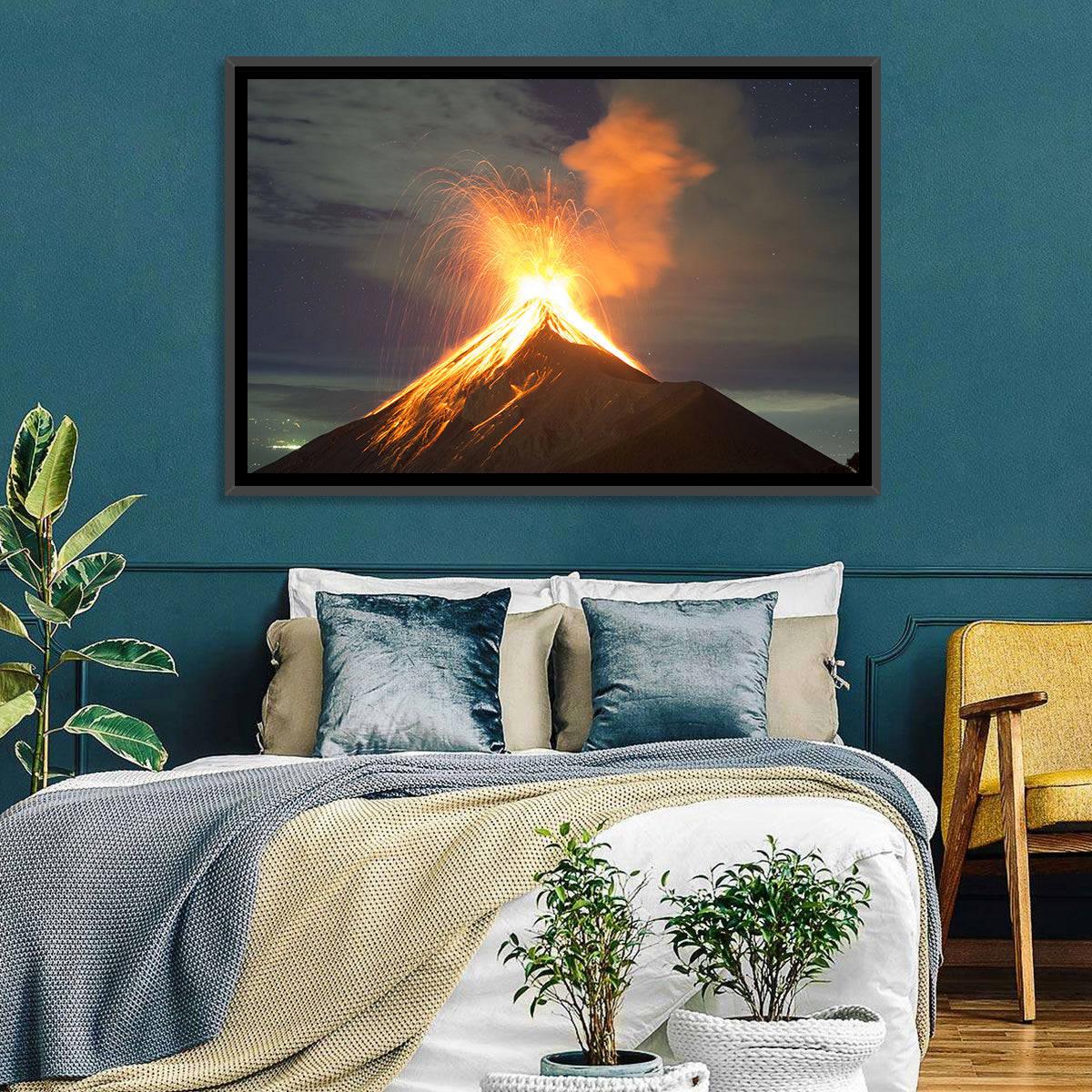 Starry Night Volcano Eruption Wall Art in a room, landscape