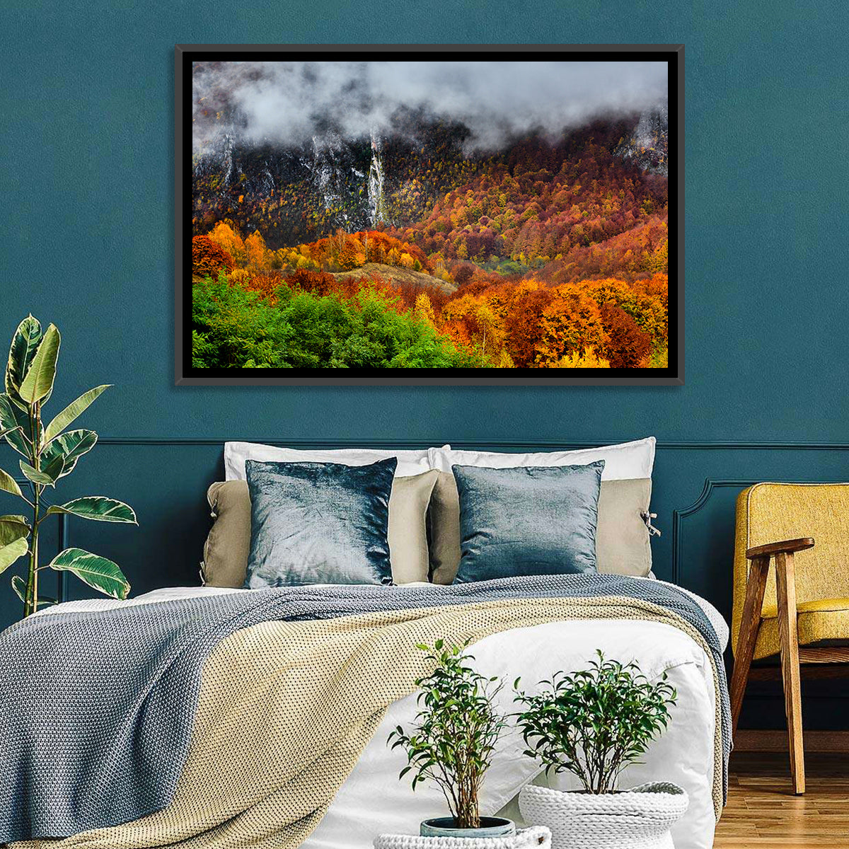 Misty Carpathian Autumn Wall Art in a room, landscape