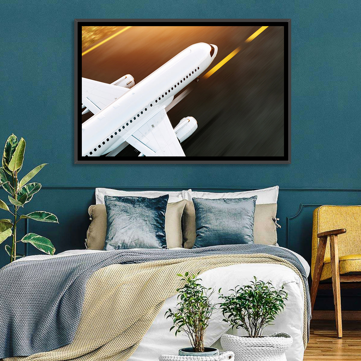 Commercial Jet Takeoff at Sunset Wall Art in a room, landscape