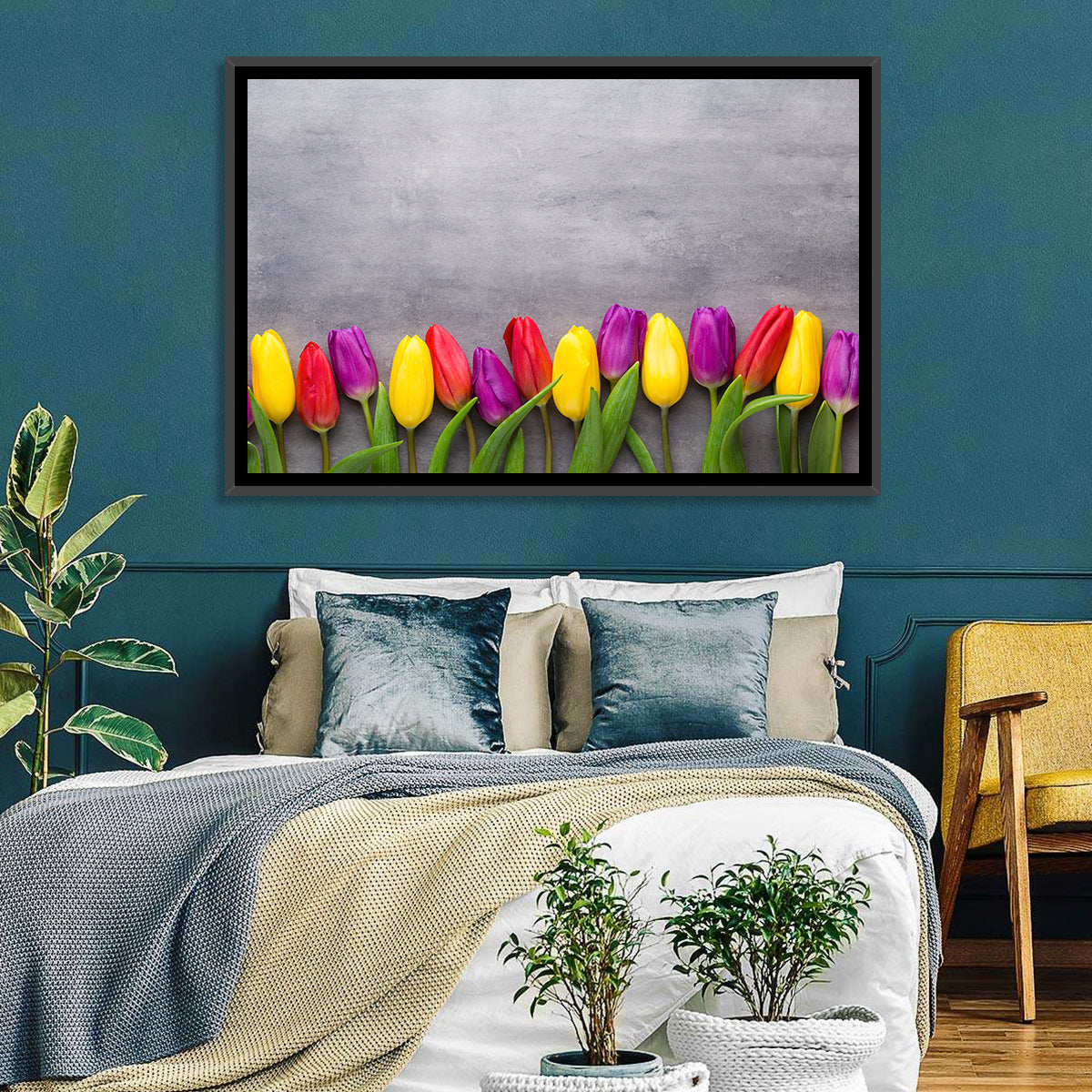 Row of Multicolored Tulips Wall Art in a room, landscape