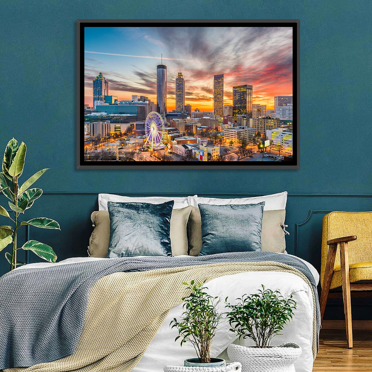 Atlanta Skyline with Skyview Wheel Wall Art in a room, landscape
