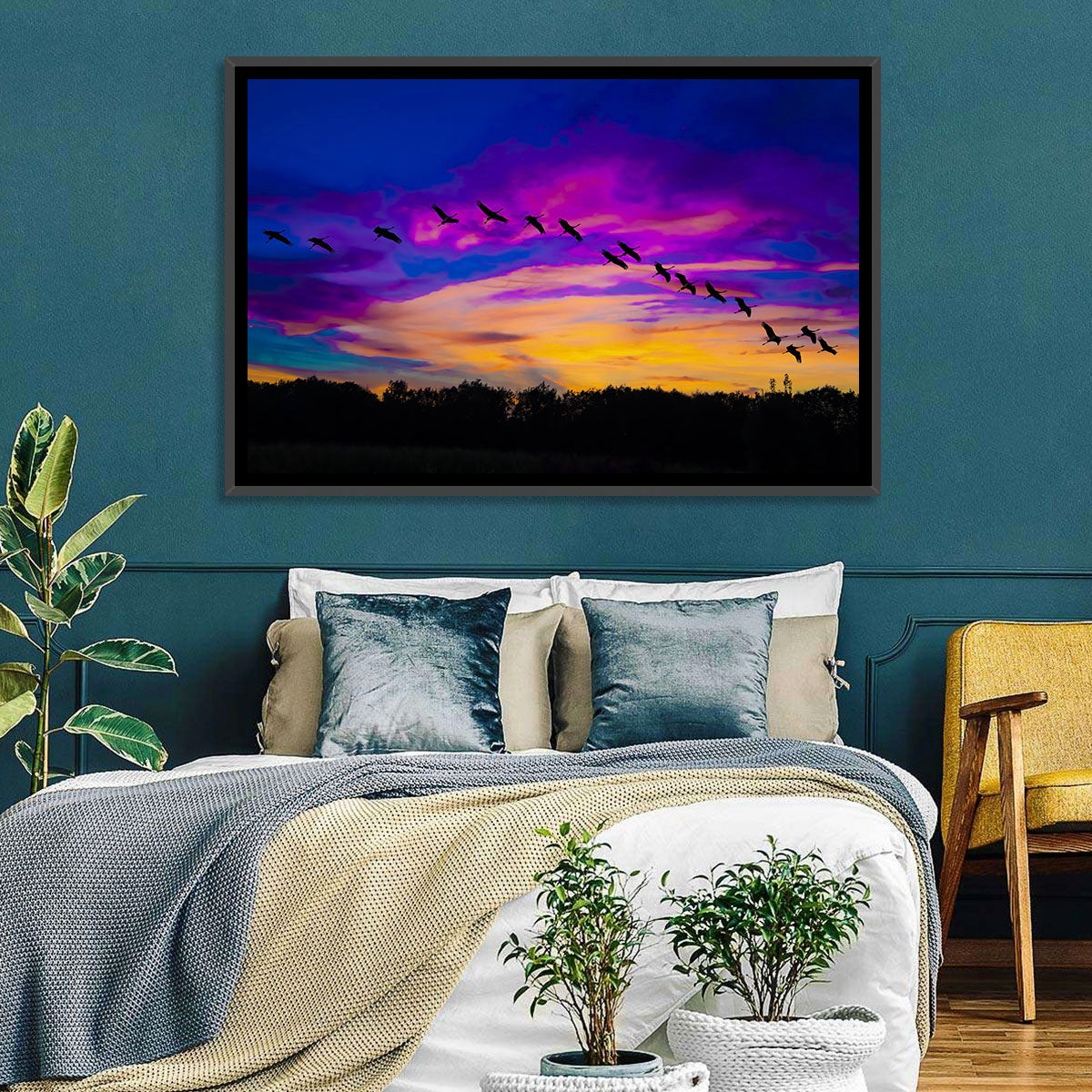 Silhouetted Cranes at Dusk Wall Art in a room, landscape
